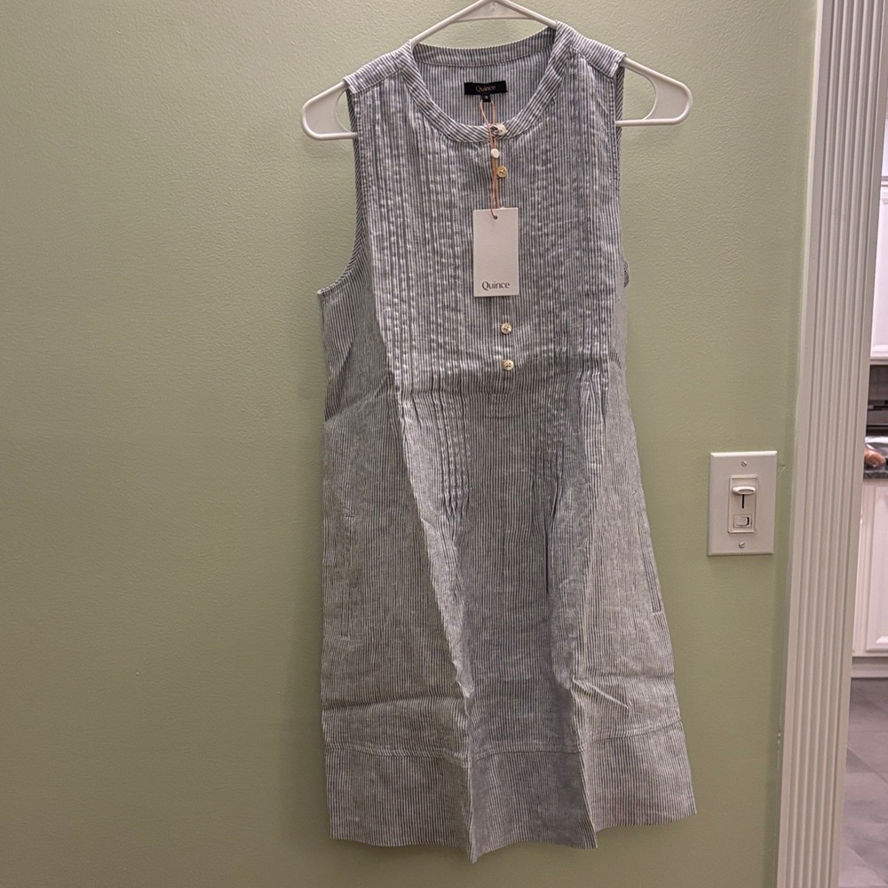 Quince 100% European Linen Sleeveless Swing Dress, Blue Pinstripe